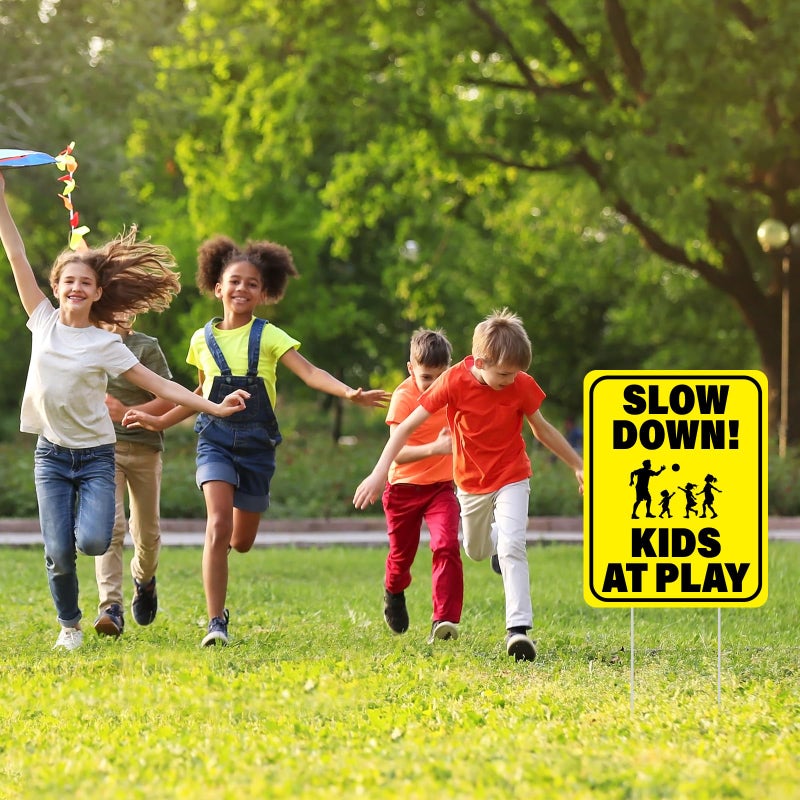 BLSUREFYX 3 PCS Slow Down Kids At Play Sign 14.2 x 11 Inches Children At Play Safety Signs for Street Double Sided Weatherproof Slow Down Signs for Street Neighborhoods Yard Outdoor Use Yellow - Image 5